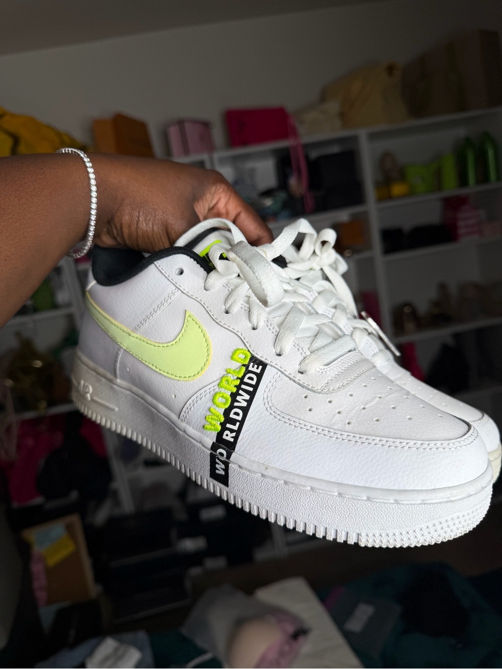 Nike Air Force Kids White Sneakers with Neon Yellow Accent